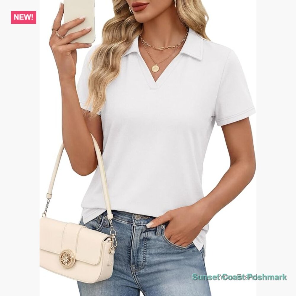 Cotton Blend Polo Shirt Short Sleeve V Neck Business Casual Top